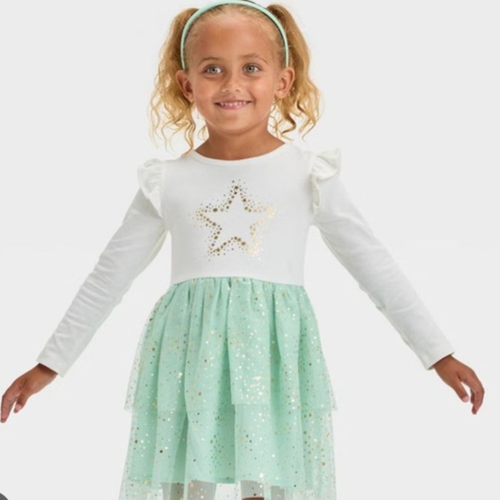NWT Cat & Jack Glitter Star Dress in White and Mint Green (Size: 2T)